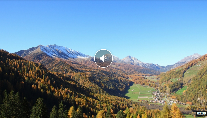 Ein Video mit Blick auf ein Tal mit Bäumen und Bergen im Hintergrund.
