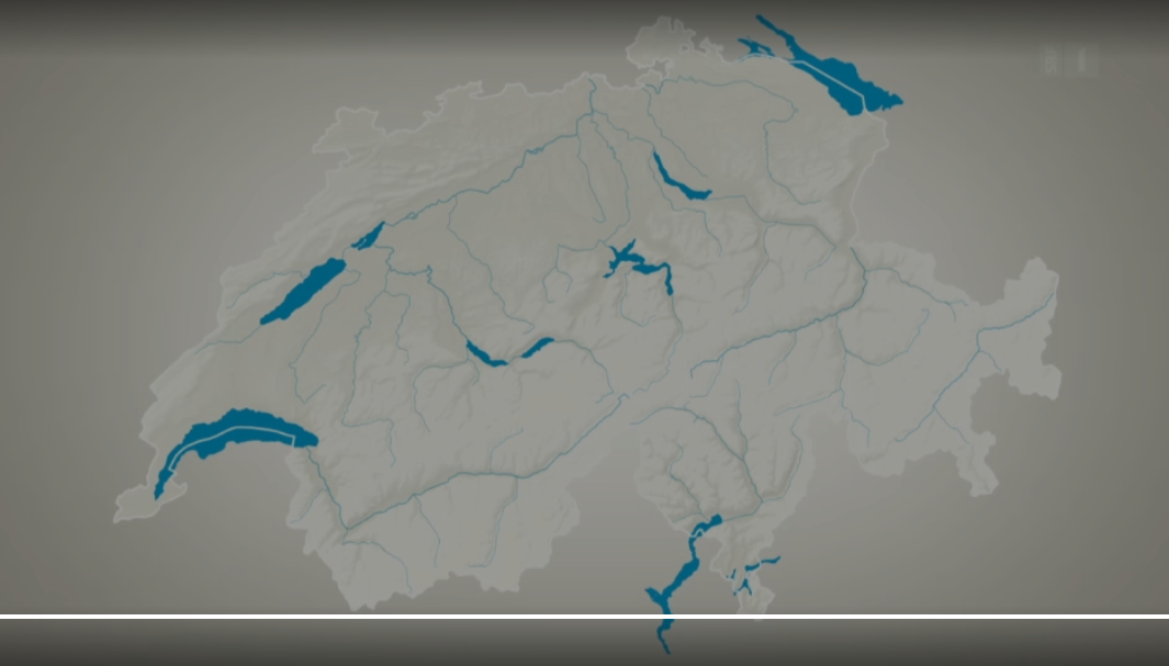 Eine Karte der Schweiz mit Flüssen und Seen.