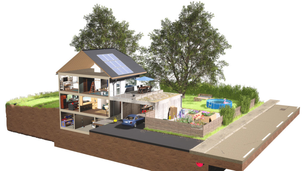 Ein 3D-Modell eines Hauses mit Sonnenkollektoren auf dem Dach und grüner Umgebung.