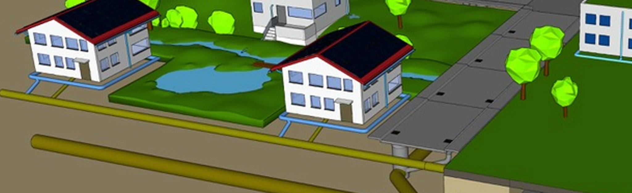 Ein 3D-Modell einer Stadt mit Häusern und einem Teich.
