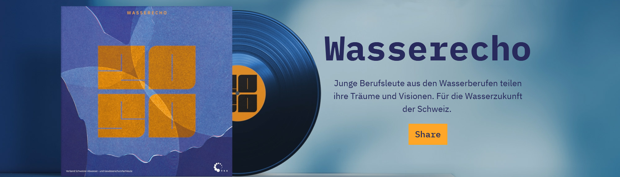 Blaues und gelbes Albumcover mit abstraktem Design neben einer Schallplatte. Der Text lautet "Wasserecho" und beschreibt die gemeinsamen Visionen von jungen Fachleuten für die Zukunft des Wassers in der Schweiz.