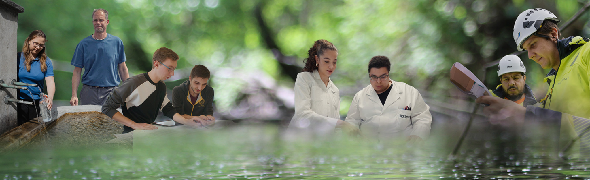 Eine Collage, die Menschen zeigt, die draußen und drinnen wissenschaftliche Forschung betreiben, einschließlich Feldarbeit am Wasser und Laborarbeit mit Laborkitteln und Geräten.