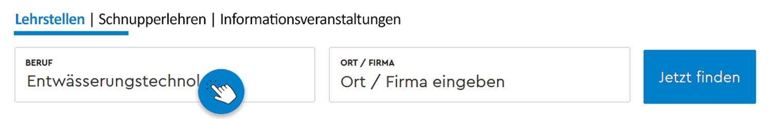 Screenshot eines Suchformulars mit Feldern für Beruf und Ort oder Unternehmen, mit "Entwässerungstechno..." im Berufsfeld und einer blauen Schaltfläche "Jetzt finden".