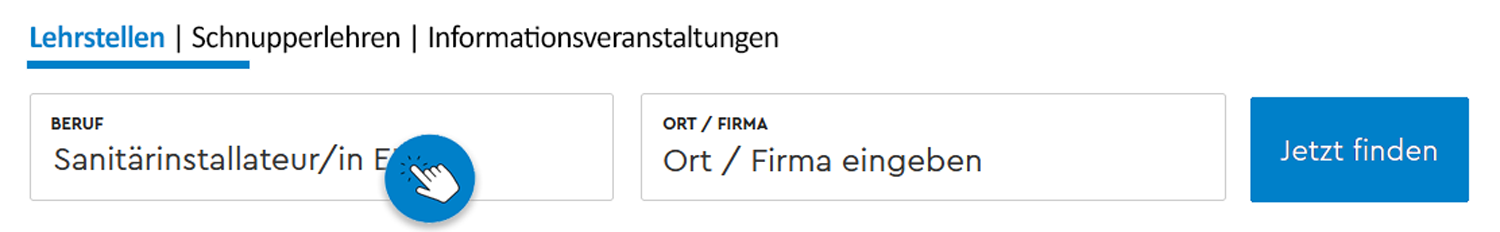 Suchmaske für deutschsprachige Lehrstellen mit Feldern für Beruf und Betrieb/Ort und einem blauen "Jetzt finden"-Button.