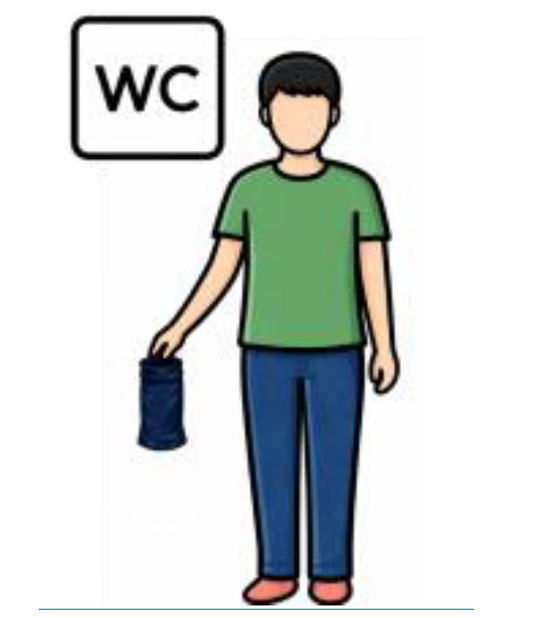 Illustration einer Person, die unter einem "WC"-Schild steht und in einer Hand eine dunkle Tasche h&auml;lt.