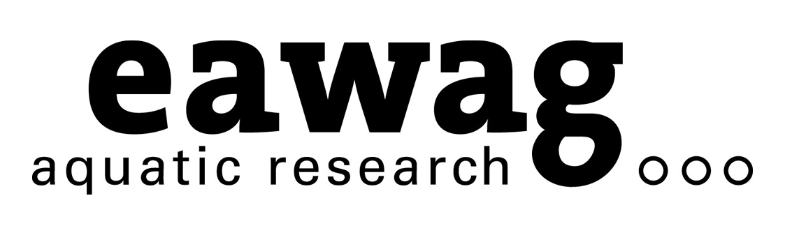 Auf dem schwarzen Textlogo steht "eawag aquatic research" mit drei kleinen Kreisen nach dem "g".