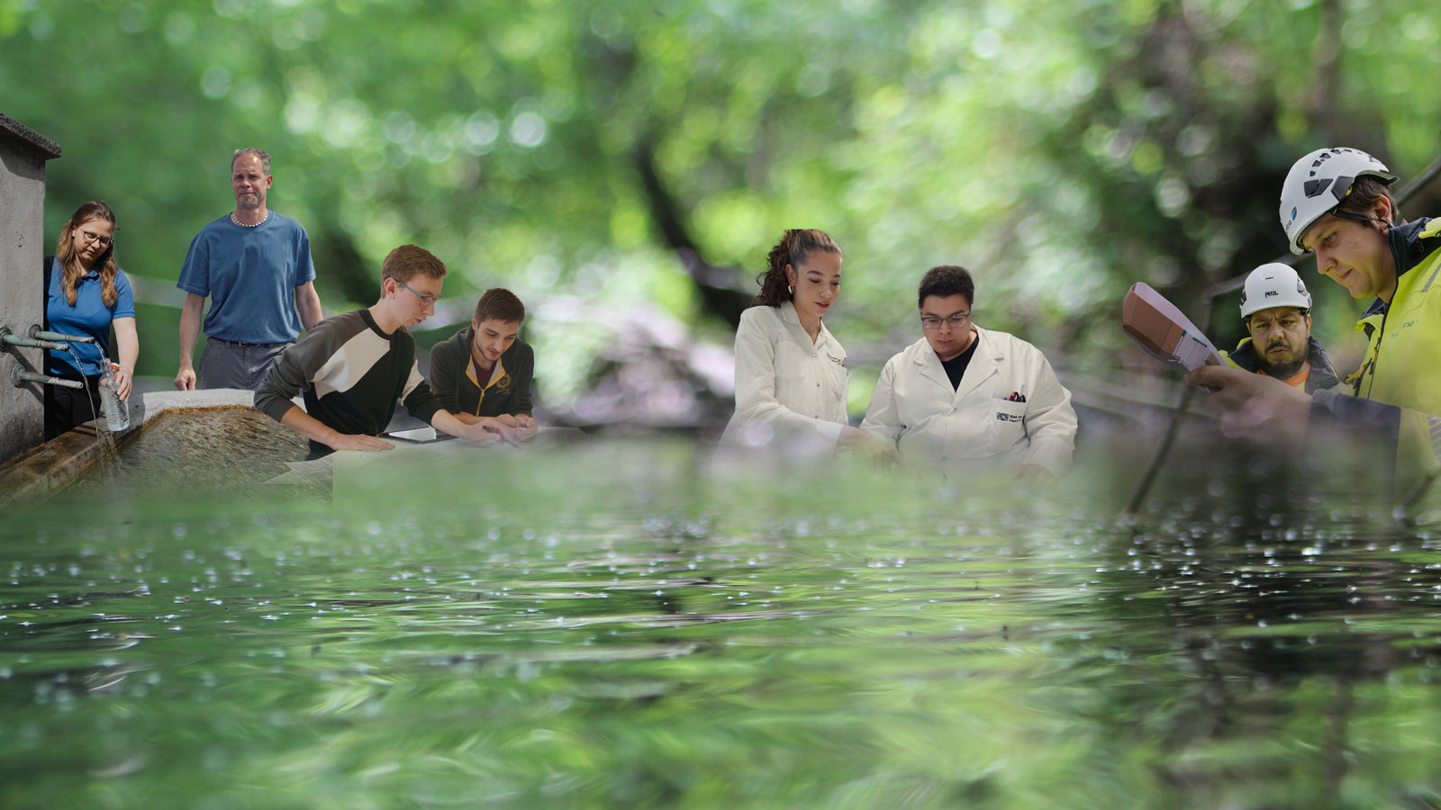 Eine Collage von Menschen, die wissenschaftliche Studien im Freien und in Labors durchf&uuml;hren, mit einem Fluss und einem gr&uuml;nen Wald im Hintergrund.