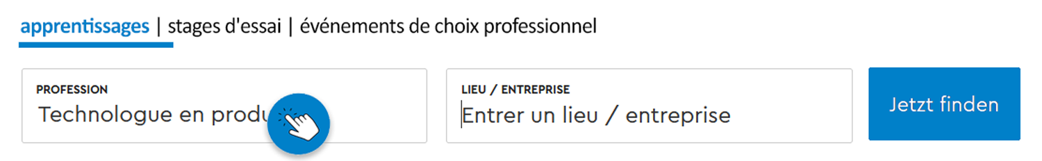 Website-Suchschnittstelle auf Franz&ouml;sisch und Deutsch f&uuml;r die Suche nach Berufsausbildungsstellen, mit Eingabefeldern f&uuml;r Beruf und Ort und einer blauen Schaltfl&auml;che "Jetzt finden".
