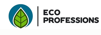 Ein Logo mit einem grünen Blatt innerhalb eines blauen Kreises neben dem Text "ECO PROFESSIONS" in schwarzen Großbuchstaben.