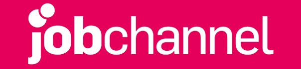 Der wei&szlig;e Text lautet "jobchannel" auf einem leuchtend rosa Hintergrund, mit zwei wei&szlig;en kreisf&ouml;rmigen Formen &uuml;ber dem "j", die an eine stilisierte Person erinnern.