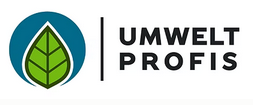 Ein gr&uuml;nes Blattsymbol in einem blauen Kreis steht neben den Worten "UMWELT PROFIS" in fetten schwarzen Buchstaben auf wei&szlig;em Hintergrund.
