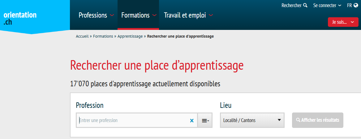 Screenshot einer Webseite von orientation.ch mit einem Suchformular f&uuml;r Lehrstellen, mit Feldern f&uuml;r Beruf und Ort und insgesamt 17'070 freien Lehrstellen.