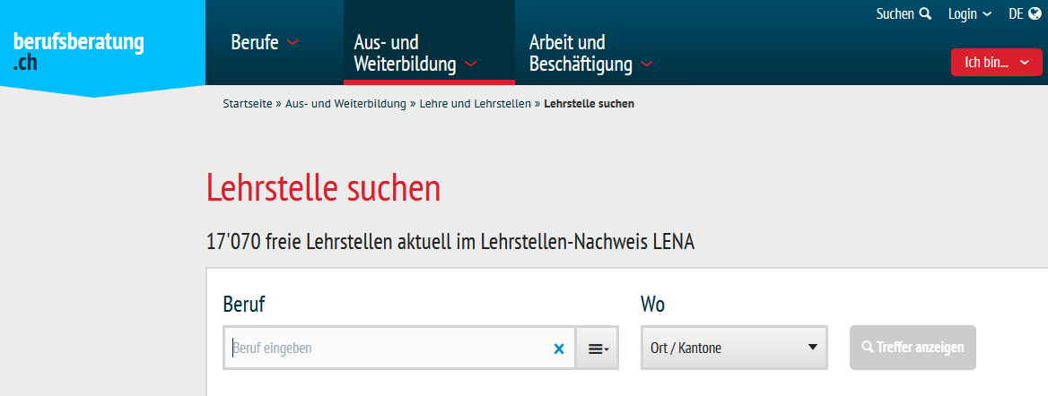 Screenshot der Seite "Lehrstelle suchen" auf berufsberatung.ch mit den Suchfeldern f&uuml;r Beruf und Ort sowie der Anzahl der verf&uuml;gbaren Lehrstellen.